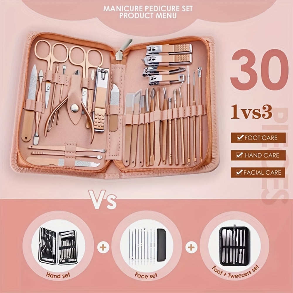 30-Piece Rose Golden Manicure Set: 30-in-1 Nail Clipper Kit With Fingernail & Toenail Clippers, Premium Stainless Steel Clippers, Nail File, Scissors, Tweezers, And Cuticle Remover - Complete Manicure And Pedicure Tools For A
